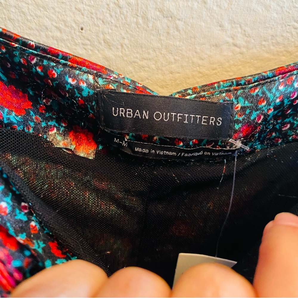 Urban Outfitters Iris Satin Ruched Mini Dress Black Rose Detail Medium - Picture 6 of 10